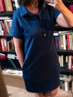 Amazon Boutique Royal Blue Textired Zig Zag Button Front Short Sleeve Mini Dress M thumbnail 4