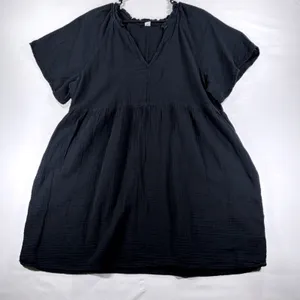 Old Navy Womens XL Black Cotton Gauze Ruffle Neck Babydoll Mini Dress Pockets thumbnail 2