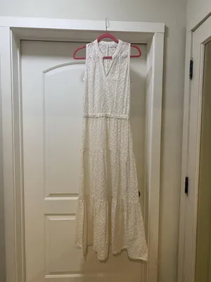 Gerard Darel Dress Womens S White Eyelet Lace Sleeveless Tiered Maxi Sundress thumbnail 2