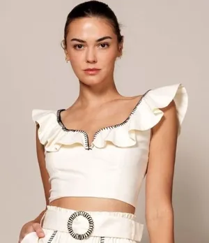 EB Luxe Ruffle linen crop top White thumbnail 1