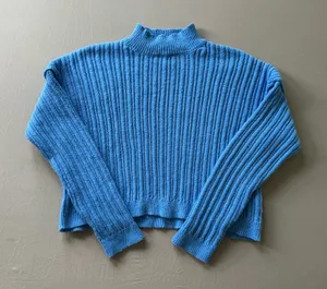 Blue Ribbed Mock neck Knit Sweater Size M thumbnail 1