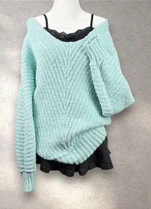 Free People Sunset V-Neck Pullover Sweater Women's M Blue Chunky Knit Boho Cozy thumbnail 1
