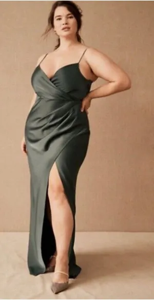BHLDN Size 14‎ Freya Satin Charmeuse Maxi Slip Dress Moss Green Bridesmaid NWT thumbnail 1