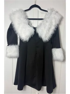 Womens Black Off Shoulder Faux Fur Trim Mini Dress Size XL Fit Flare Long Sleeve thumbnail 9