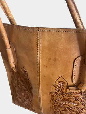 Vintage Mexican Hand Tooled Leather Tote Floral Carved Western Boho Shoulder Bag thumbnail 3