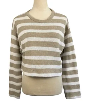 Zara Womens Small Tan White Striped Cropped Knit Sweater‎ Crew Neck thumbnail 1
