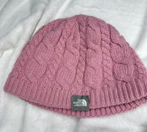 The North Face Hat Beanie OS Pink Cable Knit Fleece Lined Womens One Size Wool thumbnail 1