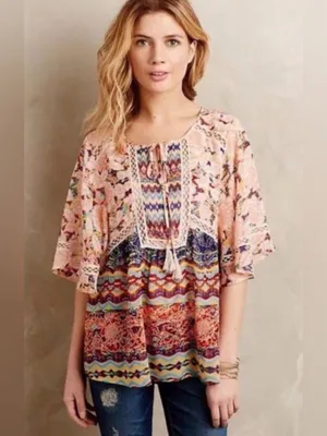 Anthropologie Meadow Rue Batai Peasant Tassel Mixed Floral Crochet Lace Top thumbnail 2