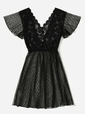 Vintage Y2K Black Sheer Swiss Dot Lace Flutter Sleeve Mini Slip Dress M thumbnail 1
