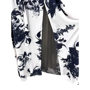 Rimini Black White Floral Print Midi Dress Size Med Flutter Sleeve Belted‎ Lined thumbnail 2