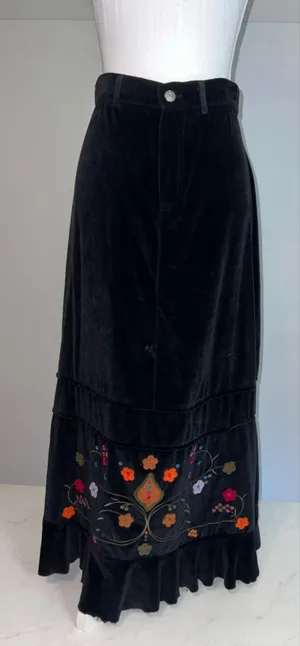 WhimsyGoth Black Velvet Maxi Skirt with Floral Embroidery, Size L thumbnail 1