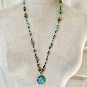 Blue and gold tone beaded long teardrop pendant necklace thumbnail 1