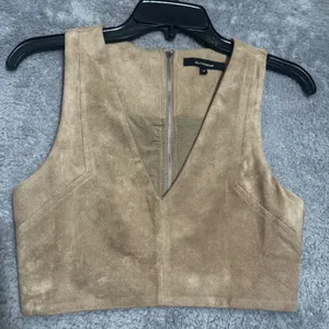 Olivaceous Crop‎ Top Womens Medium Tan Brown Faux Suede V-Neck Full Back Zip thumbnail 4