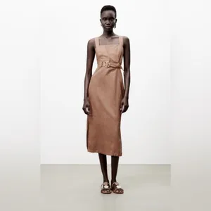 Zara brown linen-blend midi dress with matching belt and Slit Size XS thumbnail 2