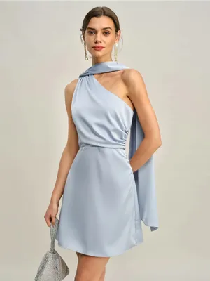 RIHOAS One-Shoulder Satin Mini Dress in Light Blue with Draped Scarf thumbnail 3