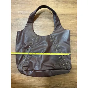 Brown Faux Leather Grommet Studded Hobo Shoulder Bag Slouchy Tote Handbag thumbnail 2