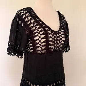 Black Crochet Open Work Yoke Fringe Tassel Hem Boho Witchy Festival Tunic Top thumbnail 4