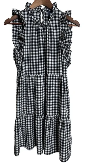 Maeve Lida Ruffled Mini Dress Size S Gingham Tiered Black White Cottagecore thumbnail 1