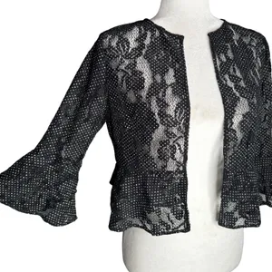LRL Ralph Lauren Small Lace Overlay Cardigan Bell Sleeve Open Sheer Black Ruffle thumbnail 1