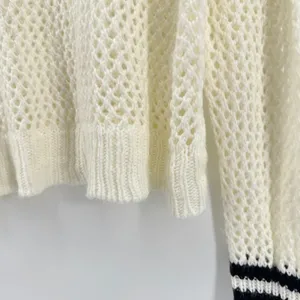 Elan Womens Cream Mock Neck Open Knit Sweater Black Stripe Cuff‎ Detail Medium thumbnail 5
