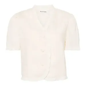 Reformation | Bess 100% Linen Puff Sleeve Ruffle Top in Sugar Cream | Size Med thumbnail 14