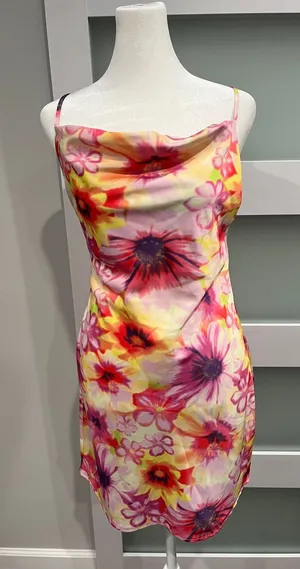 Urban Outfitters Floral Cowl Neck Mini Slip Dress Pink Yellow Orange Small thumbnail 1