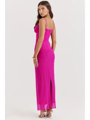 House of CB Nalini Fuchsia Mesh Maxi Dress Ruched Corset M thumbnail 10