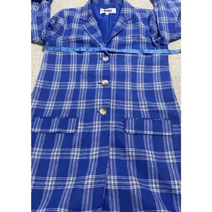 BB Dakota Steve Madden Women's Blue White Plaid Long Blazer Jacket Collared S thumbnail 2