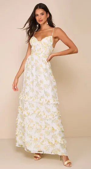 Lulus Gorgeous Occasion Cream Floral Burnout LaceUp Tiered Maxi Dress Size Small thumbnail 1