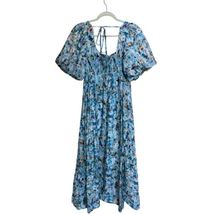 Anthropologie Floral Print Blue Midi Dress Puff‎ Sleeve Smocked Casual Size XS thumbnail 3