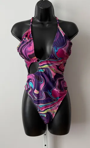 Purple L Marble One Piece‎ Swimsuit Cutout High Leg Monokini Rave Beach Coastal thumbnail 1