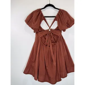 Free People Women Dress Brown Marina Mini Puffed Tie Back A Line Boho Chic Small thumbnail 9