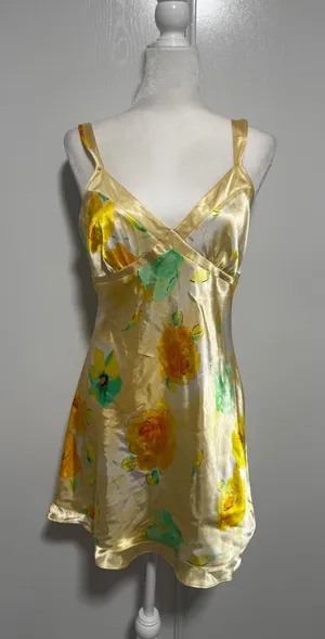 Jones New York Yellow Floral Satin Chemise Nightgown Slip Dress Medium thumbnail 1