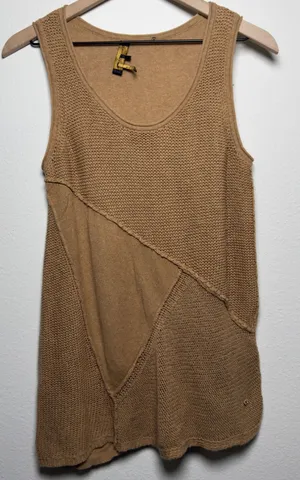 Donna Karan Women Linen Cotton Tunic Tank Top Medium Brown Patchwork Artsy Lagen thumbnail 1