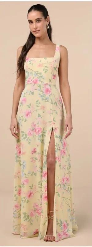 Lulus Remarkable Arrival Yellow Floral Sleeveless Maxi Dress Size XS Feminine thumbnail 1
