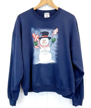 Jerzees Nublend‎ Womens XL Patriotic Snowman Sweatshirt Winter Flag Dark Blue thumbnail 1