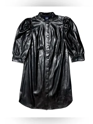 Gap Faux Leather Puff Sleeve Black Mini Shirtdress XS Petite thumbnail 2