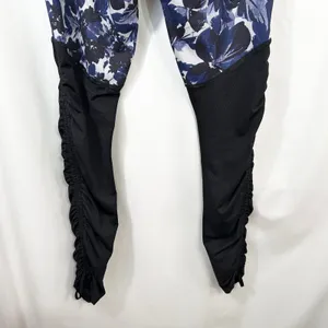Fabletics XL Leggings High Waisted Blue Floral Print‎ Black Contrast Ruched 1036 thumbnail 9