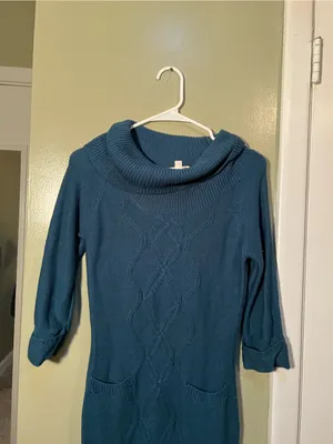 Pink Rose Women’s Size Medium Cowl Neck Sweater Dress Turquoise Green Blue Cable thumbnail 2