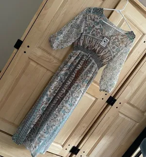 M- NWT Boho Beach Maxi Dress‎ Semi Sheer Colorful Design Coverup Dress V-Neck thumbnail 1