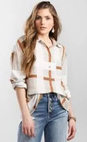 BKE Plaid Button Down Shirt‎ Womens Medium Brown Excellent Rayon Long Sleeve thumbnail 1