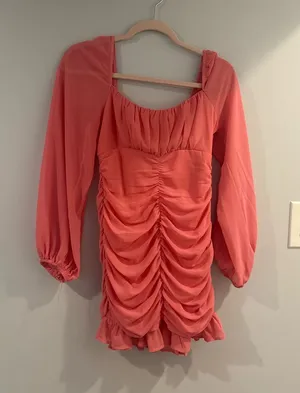 REVOLVE Coral Long Sleeve Ruched Mini Dress thumbnail 1