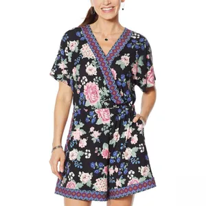Colleen Lopez Womens Short-Sleeve Romper with Keyhole Back 688985 Black Floral S thumbnail 4