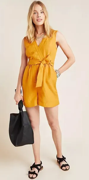 Anthropologie Maeve Luana Linen‎ Blend Tie-waist Romper thumbnail 1