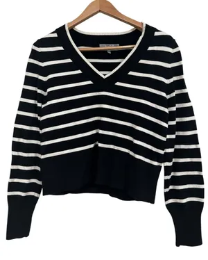 Marled Reunited Clothing Black & Cream Striped V-Neck Cropped Plush Sweater sz M thumbnail 1