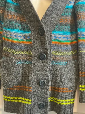 Free People Gray Striped Shawl-Collar Cardigan with Teal and Lime Accents thumbnail 4