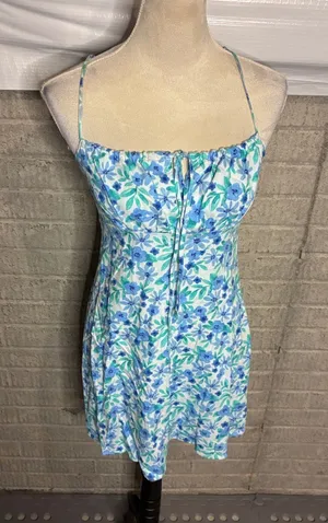 Forever 21 Blue Floral Mini Dress Smocked Back Spaghetti Strap Small thumbnail 1