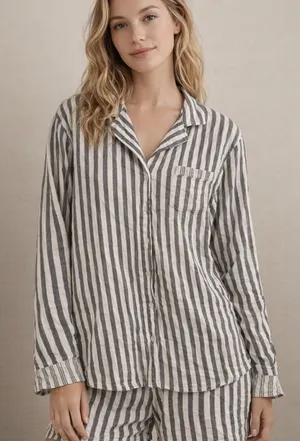 Victoria’s Secret Gray & White Striped Cotton Pajama Top – Long Sleeve, Size M thumbnail 1