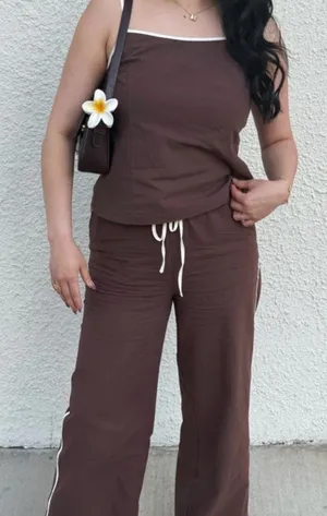 Women's Brown Wide-Leg Lounge Top and Pants Set thumbnail 1