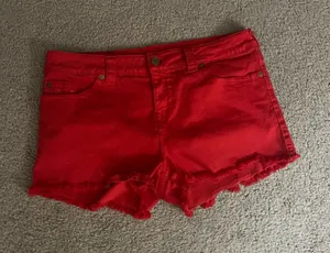 True Religion Red Denim Frayed Hem Shorts thumbnail 1